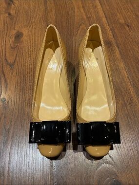 kate spade Tan Patent Leather Ballet with Black Patent Bow